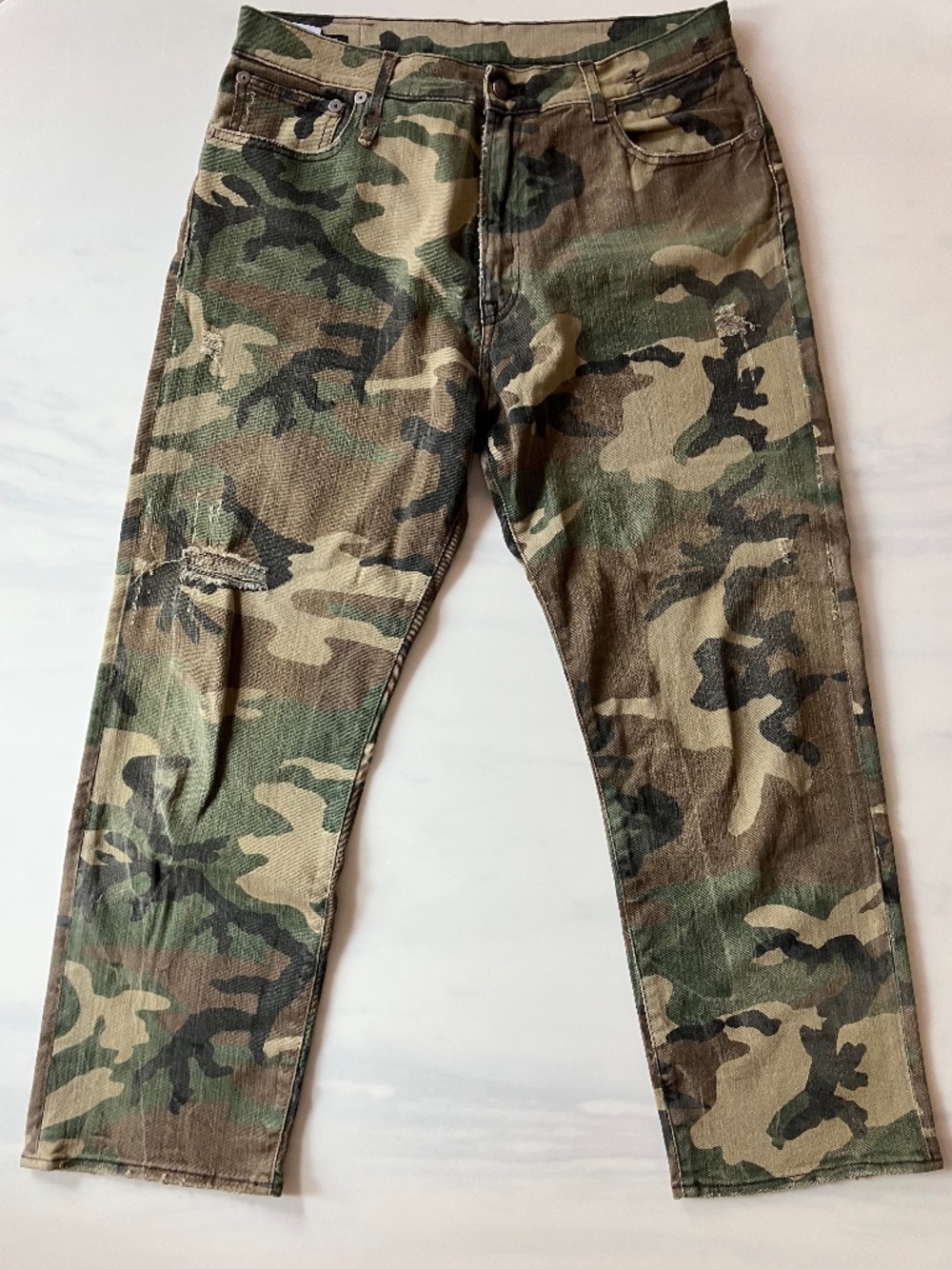 R13 Distressed High Rise Zip Fly Camo Boyfriend Jeans 31 x 27